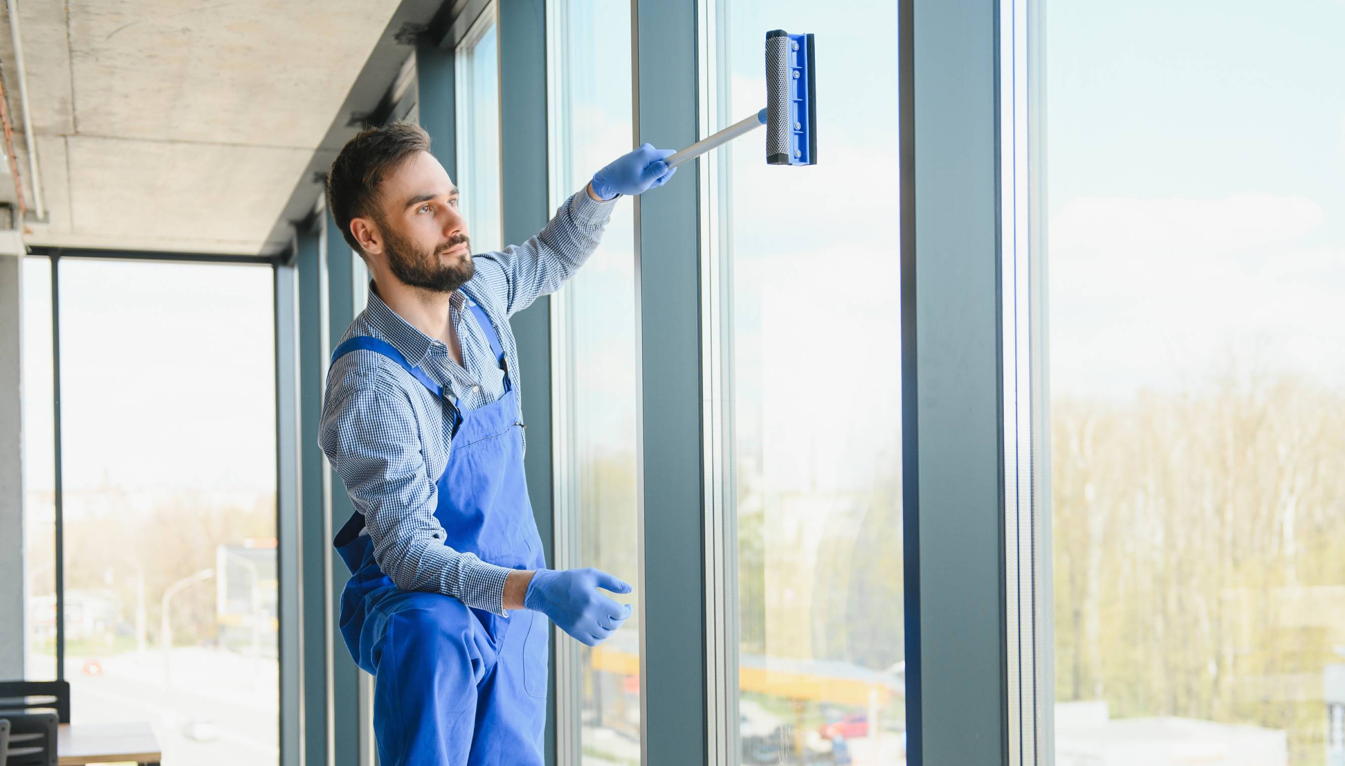 Professioneller Fensterreiniger bei der Arbeit